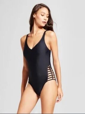 Mossimo Supply Co. Black V-Neck One-Piece Swimsuit with Strappy Side